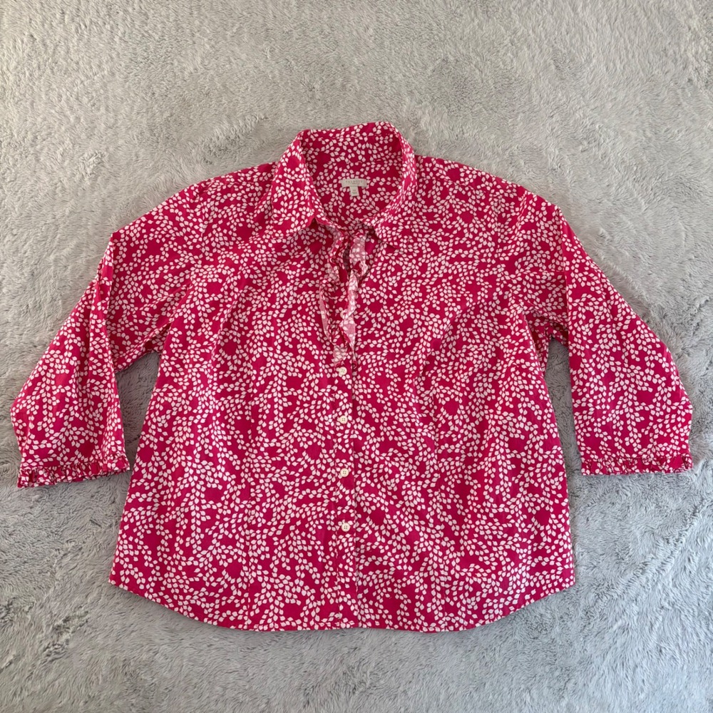Talbots Woman Ruffle Button Down Shirt Pink White Petal Print 2X Cotton Stretch - Picture 2 of 9